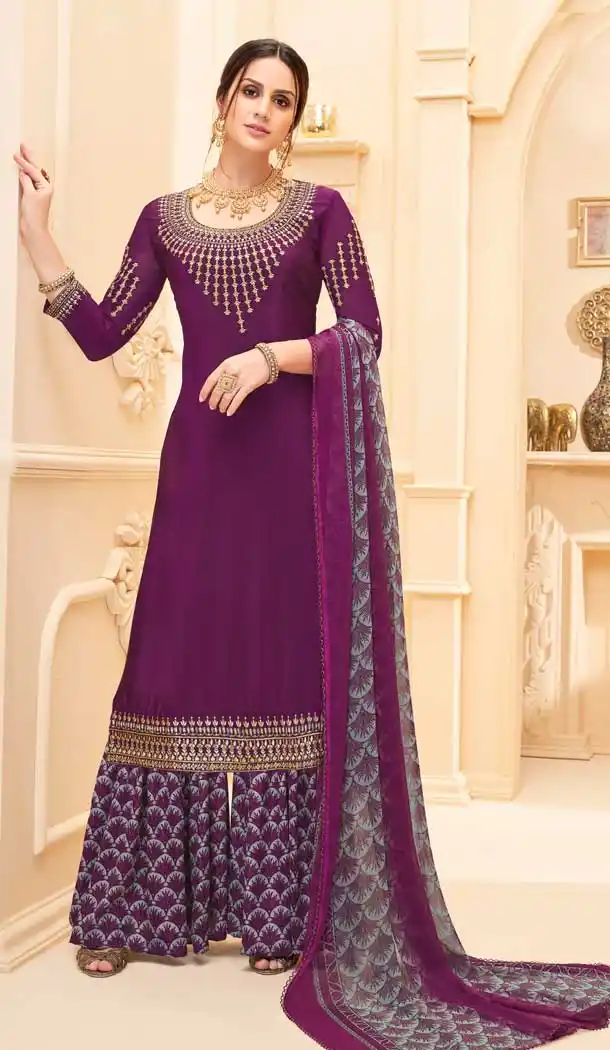 Wine Color Pure French Crep Casual Party Wear Sharara Suit -707687985