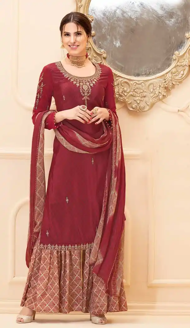 Maroon Color Pure French Crep Casual Party Wear Sharara Suit -707687987