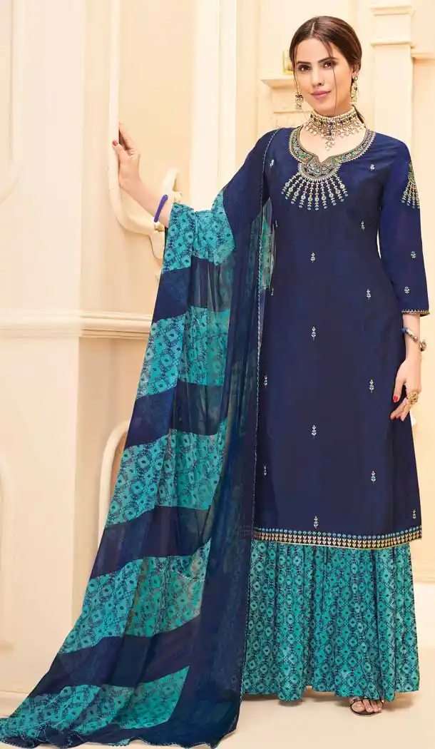 Navy Blue Color Pure French Crep Casual Party Wear Sharara Suit -707687989