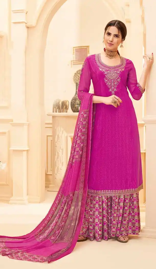 Rani Pink Color Pure French Crep Casual Party Wear Sharara Suit -707687991