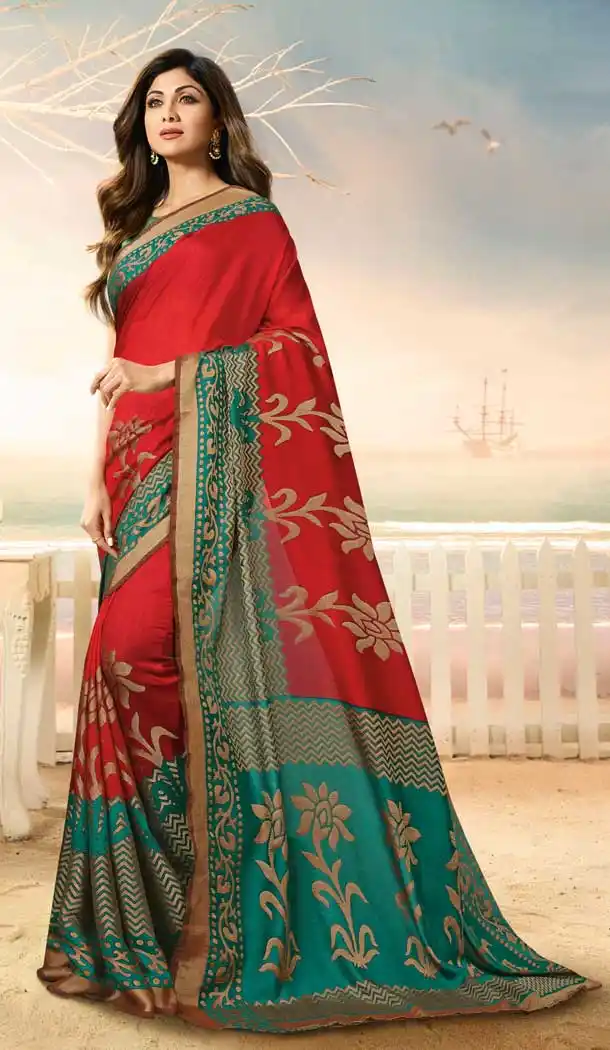 Red Color Brasso Silk Bollywood Celebrity Shilpa Shetty Saree -673784687