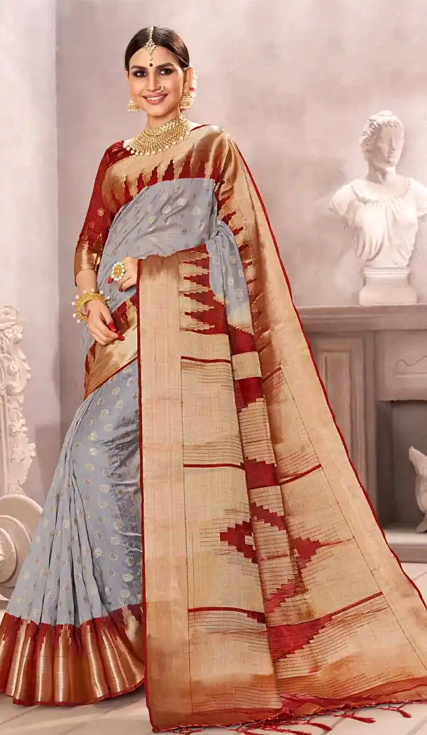 Grey Color Pure Dola Silk Traditional Party Wear Saree Blouse -707487973