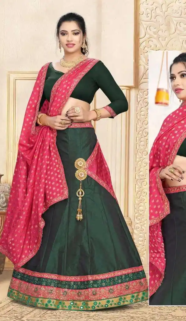 Forest Green Color Satin Traditional Wear Lehenga Choli -707988010