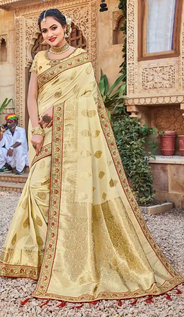 Cream Color Weaving Silk Designer Wear Saree Blouse -708288029