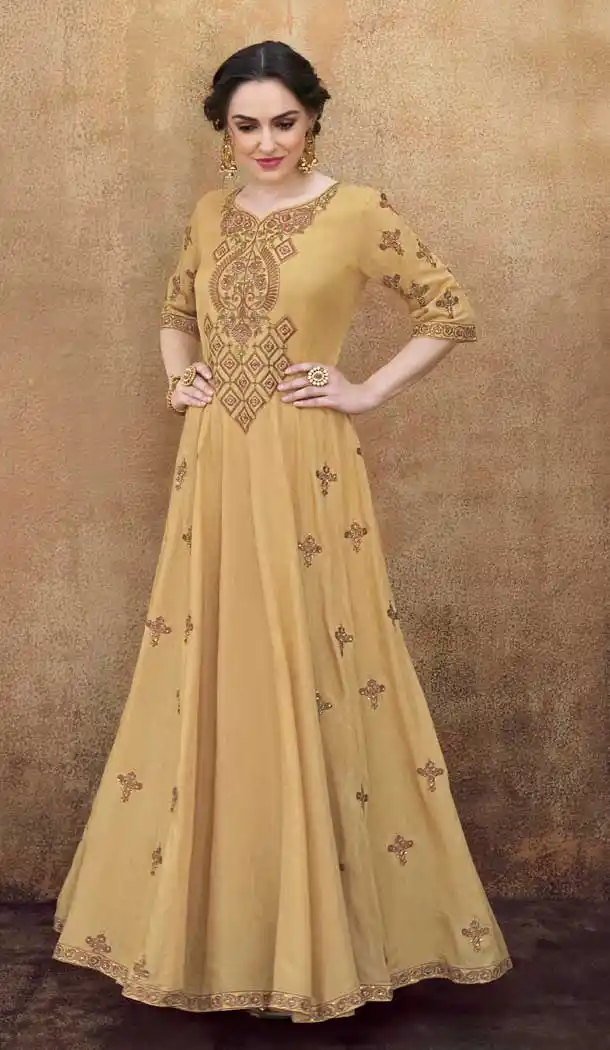 Beige Color Heavy Rayon Gold Designer Readymade Party Gown -709188123