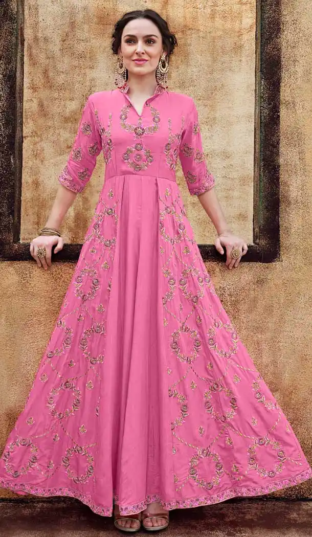 Exquisite Pink Color Heavy Rayon Gold Designer Readymade Party Gown -709188127