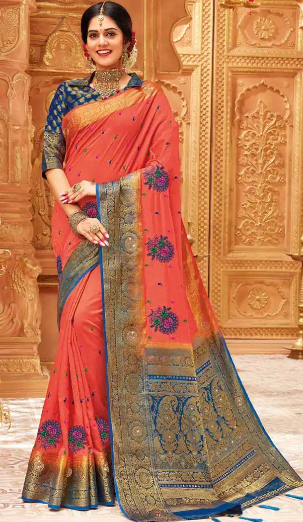 Coral Color Weaving Silk Designer Traditional Wear Saree -710288254