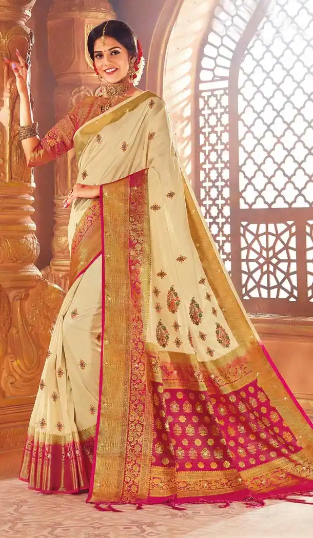 Cream Color Weaving Silk Designer Traditional Wear Saree -710288256