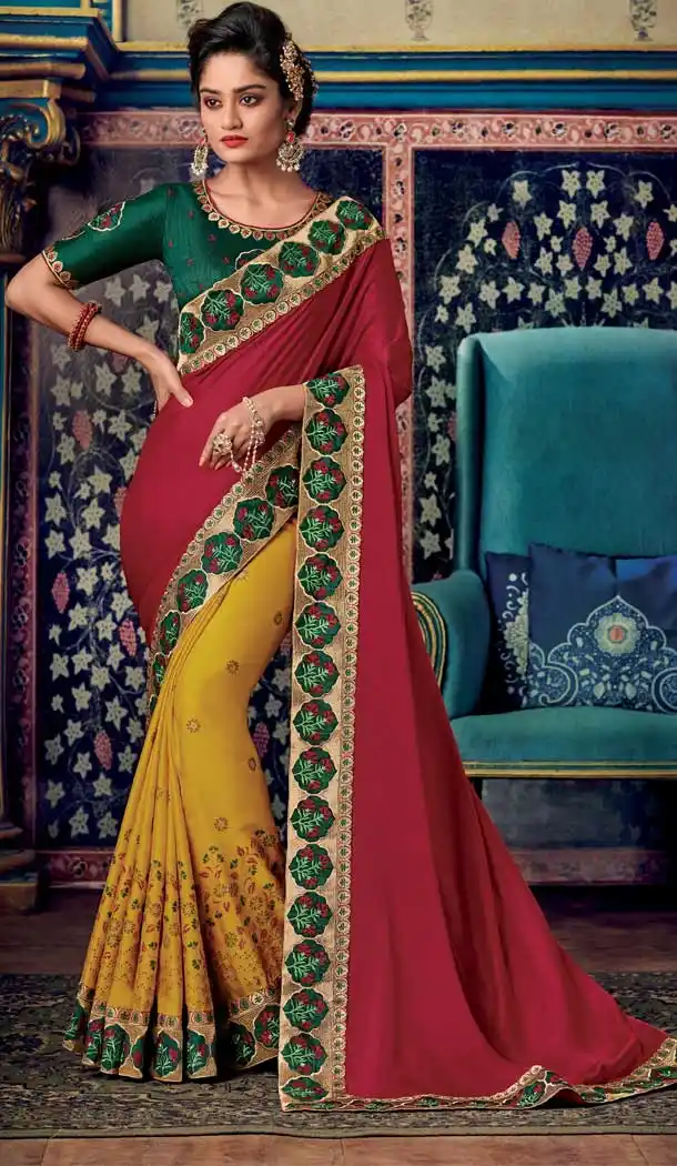 Red Yellow Color Art Silk Designer Party Wear Saree Blouse -711188335