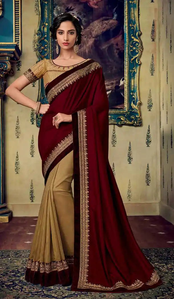 Maroon Gold Color Art Silk Designer Party Wear Saree Blouse -711188336