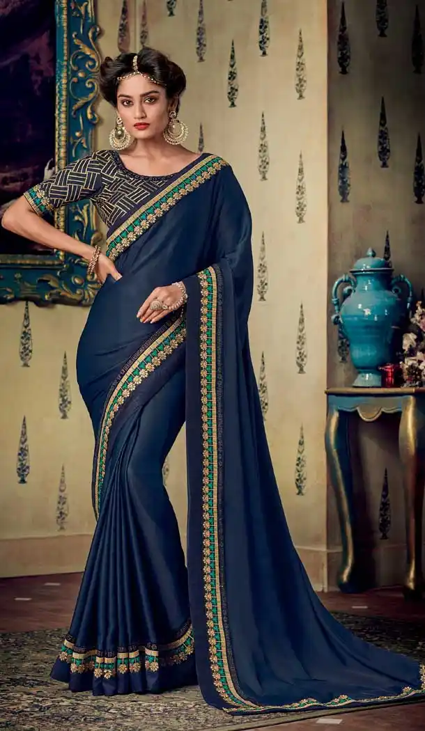 Navy Blue Color Art Silk Designer Party Wear Saree Blouse -711188344