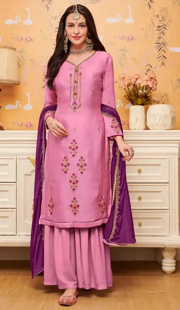 Splendorous Pink Color Satin Georgette Casual Party Sharara Salwar Kameez -711288350