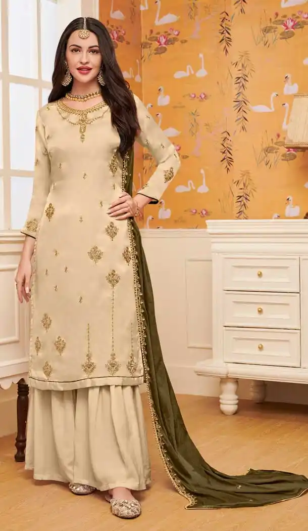 Melodic Beige Color Satin Georgette Casual Party Sharara Salwar Kameez -711288352
