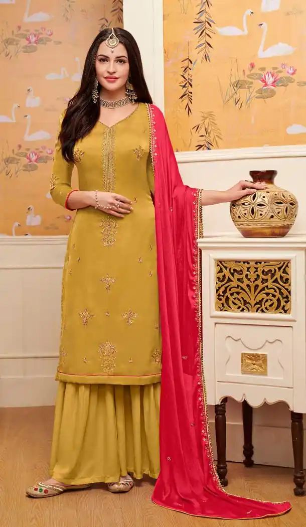 Glamorous Yellow Color Satin Georgette Casual Party Sharara Salwar Kameez -711288353