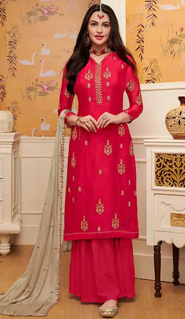 Contemporary Red Color Satin Georgette Casual Party Sharara Salwar Kameez -711288354