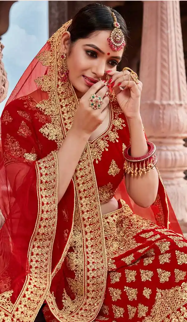 Majesty Red Color Velvet Bridal Designer Wedding Lehenga Choli -711688389