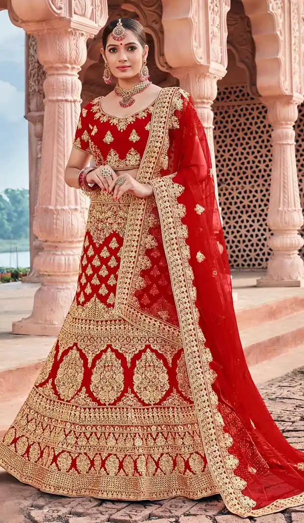 Majesty Red Color Velvet Bridal Designer Wedding Lehenga Choli -711688389