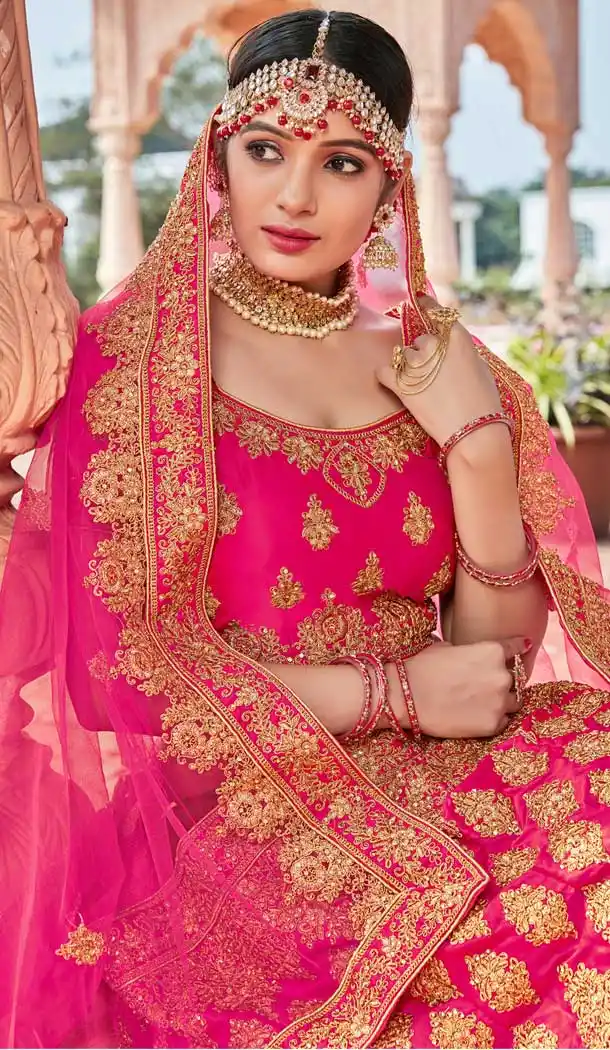 Elegant Pink Color Velvet Bridal Designer Wedding Lehenga Choli -711688390