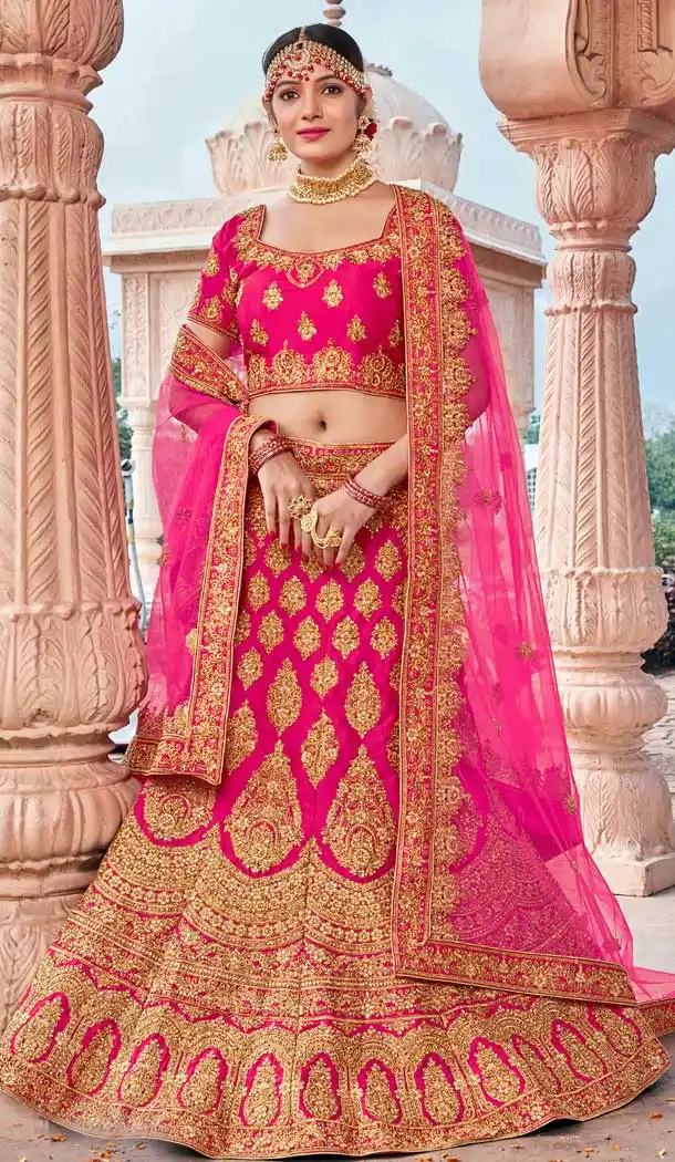 Elegant Pink Color Velvet Bridal Designer Wedding Lehenga Choli -711688390