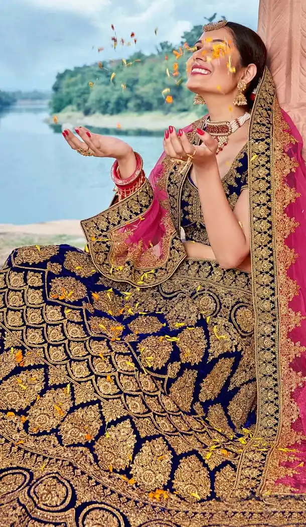 Charming Blue Color Velvet Bridal Designer Wedding Lehenga Choli -711688392