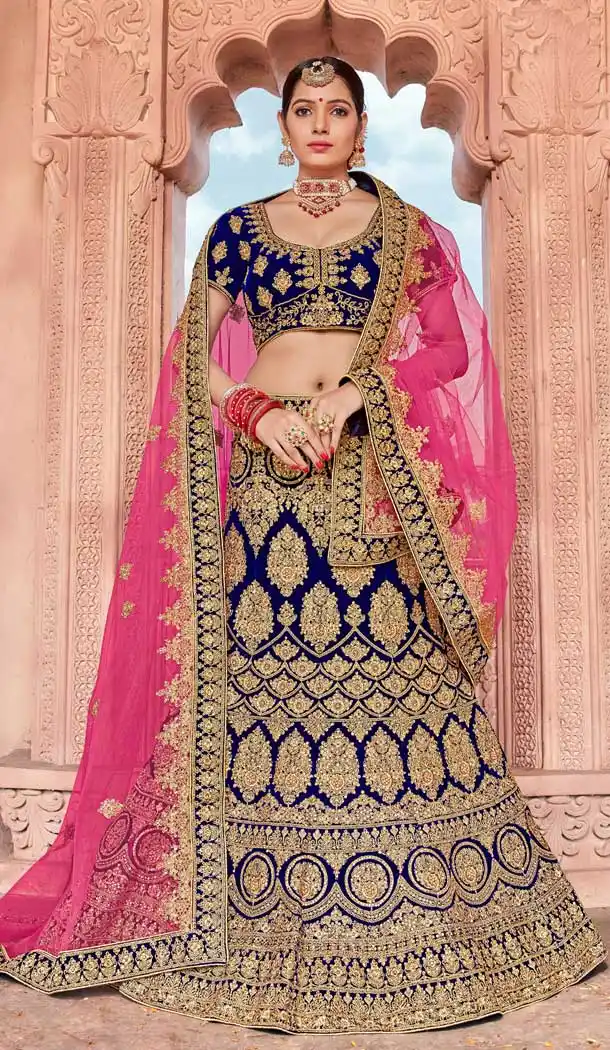 Charming Blue Color Velvet Bridal Designer Wedding Lehenga Choli -711688392