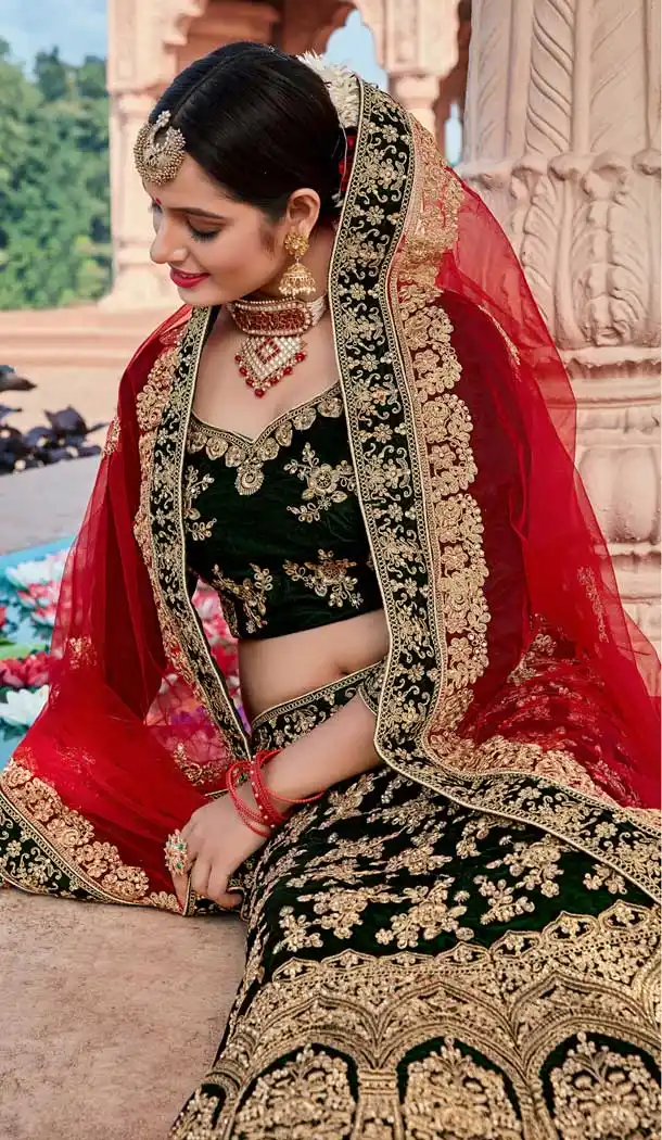 Green Color Velvet Bridal Designer Wedding Lehenga Choli -711688394