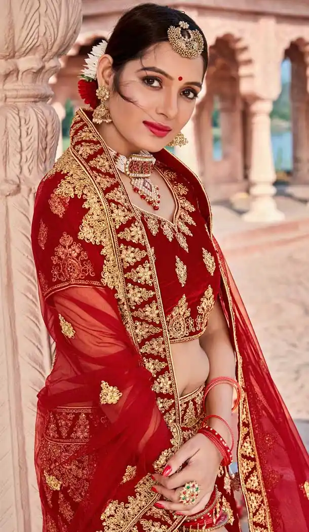 Maroon Color Velvet Bridal Designer Wedding Lehenga Choli -711688396