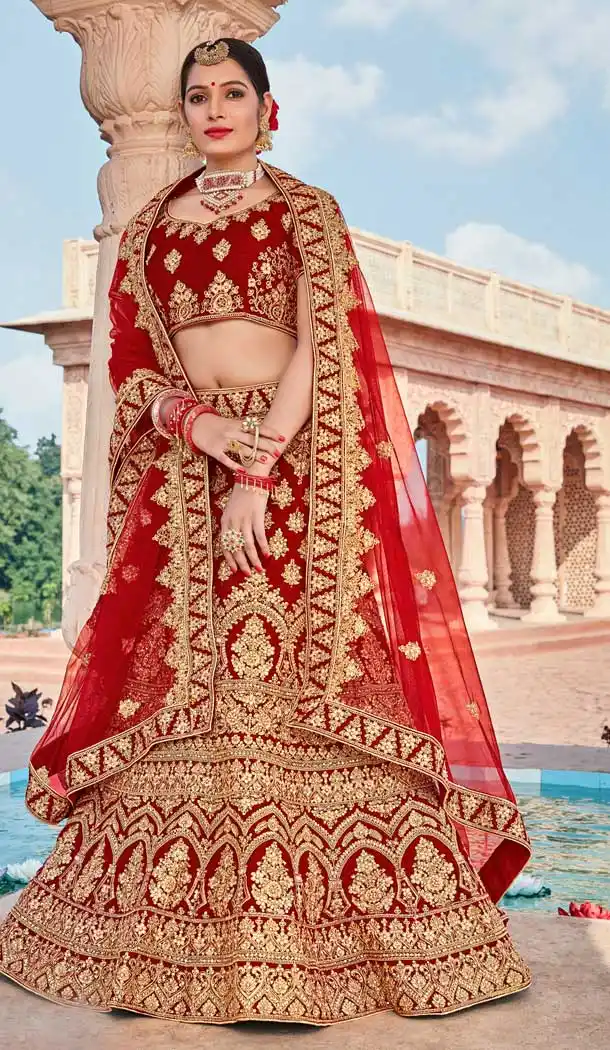 Maroon Color Velvet Bridal Designer Wedding Lehenga Choli -711688396