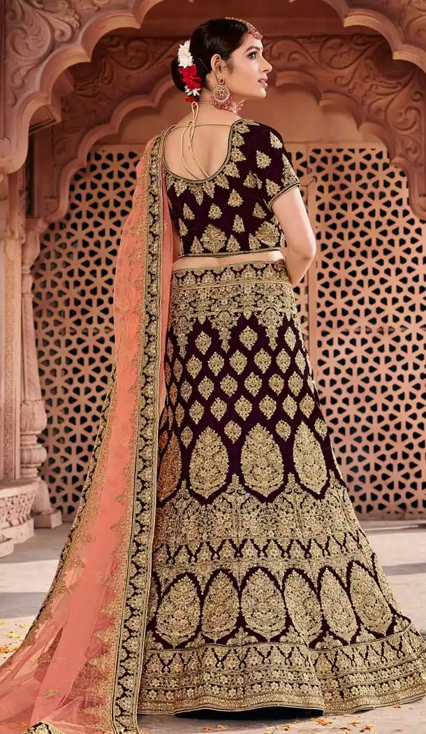 Wine Color Velvet Bridal Designer Wedding Lehenga Choli -711688397