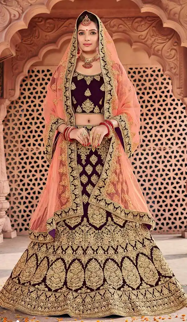 Wine Color Velvet Bridal Designer Wedding Lehenga Choli -711688397