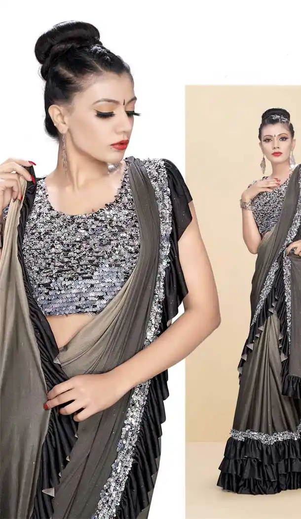 Grey Color Lycra Designer Lehenga Style Party Wear Saree Blouse -712188439