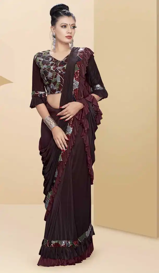 Maroon Color Lycra Designer Lehenga Style Party Wear Saree Blouse -712188446