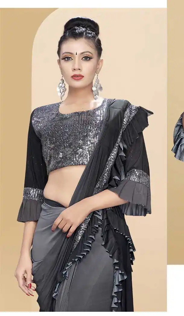 Grey Color Lycra Designer Lehenga Style Party Wear Saree Blouse -712188447
