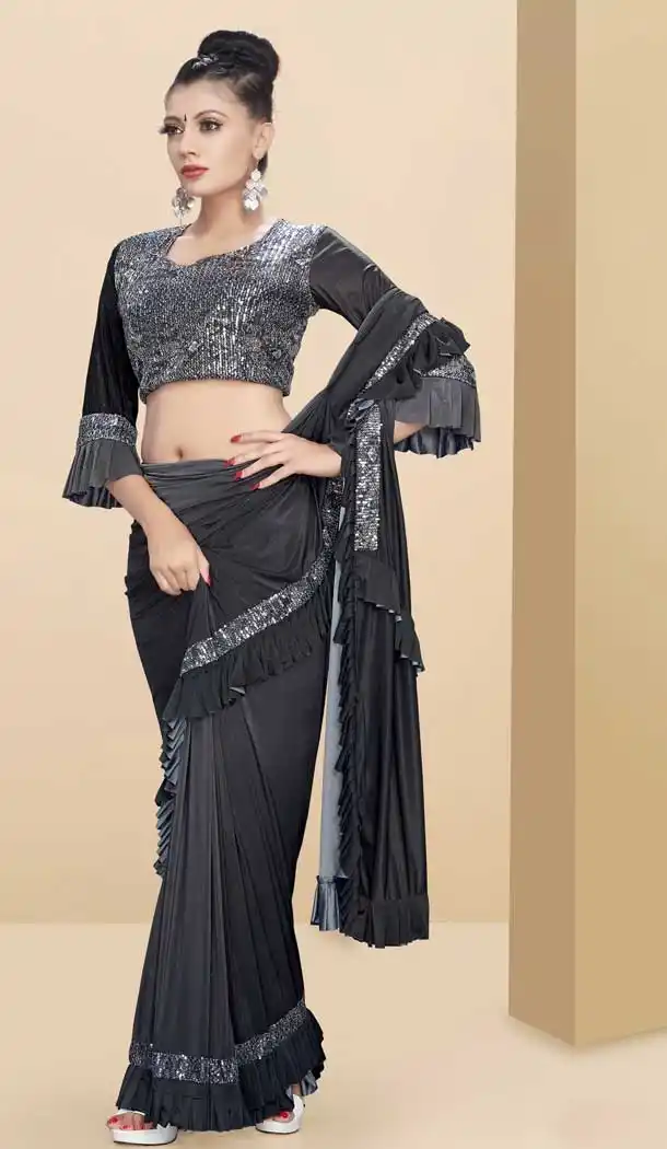 Grey Color Lycra Designer Lehenga Style Party Wear Saree Blouse -712188447