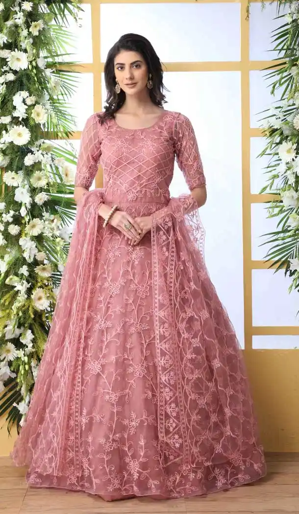 Dusty Peach Color Net Party Logn Anarkali Style Gown Dress -712688526