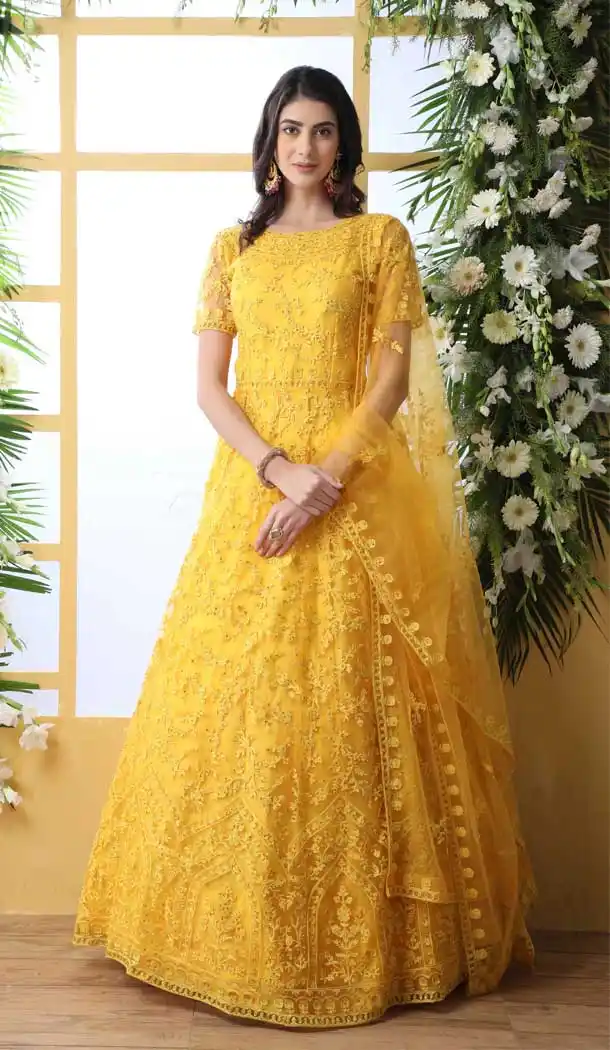 Yellow Color Net Party Logn Anarkali Style Gown Dress -712688527