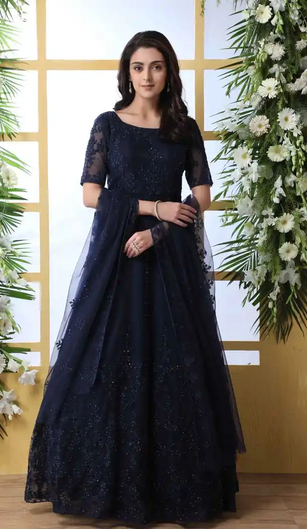 Contemporary Navy Blue Color Net Party Logn Anarkali Style Gown Dress -712688528