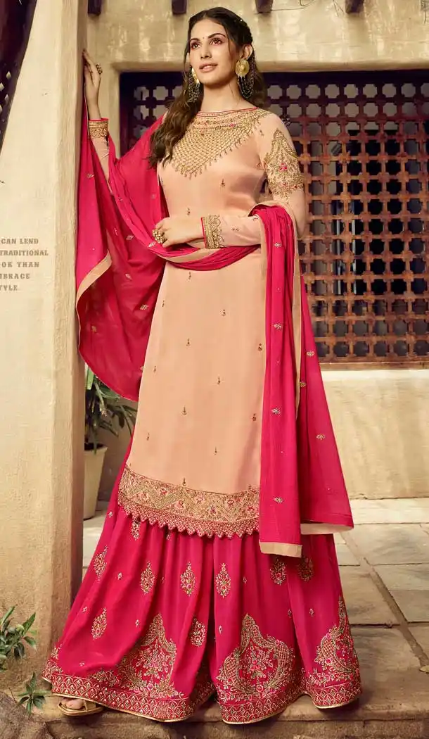 Cream Color Satin Georgette Party Wear Sharara Salwar Kameez -712788532