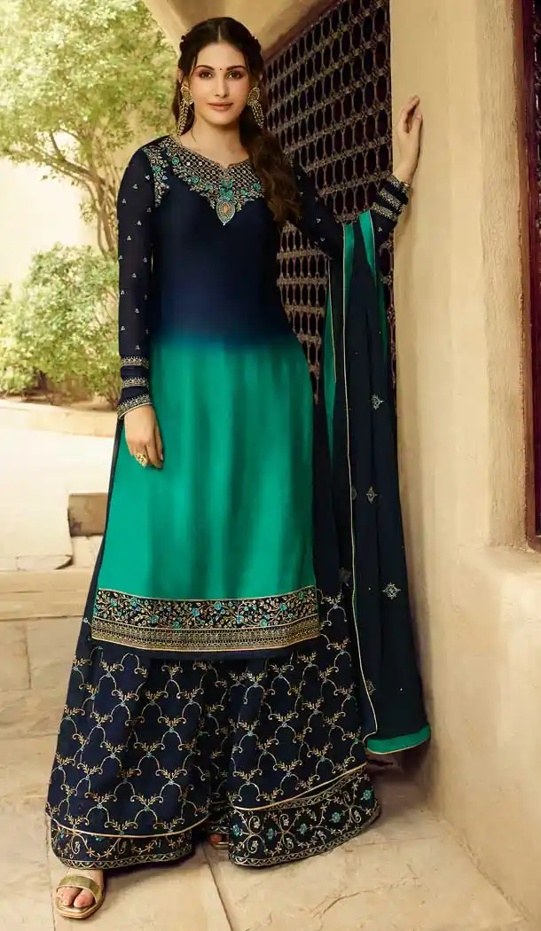 Blue Green Color Satin Georgette Party Wear Sharara Salwar Kameez -712788533