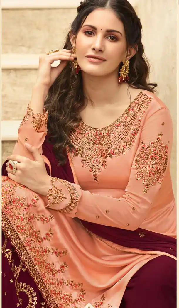 Contemporary Peach Color Satin Georgette Party Wear Sharara Salwar Kameez -712788534