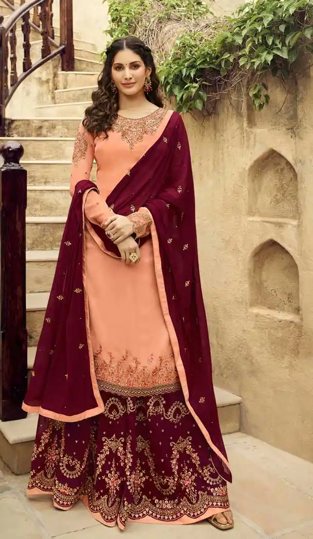 Contemporary Peach Color Satin Georgette Party Wear Sharara Salwar Kameez -712788534