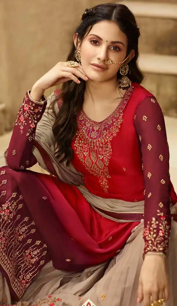 Red Maroon Color Satin Georgette Party Wear Sharara Salwar Kameez -712788536