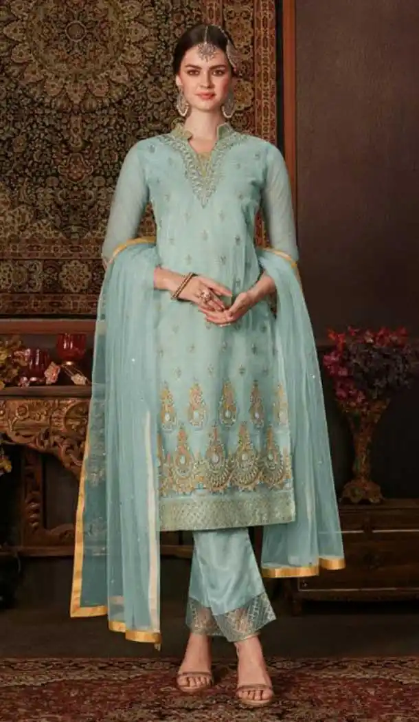 Charming Blue Color Net Straight Cut Casual Wear Salwar Kameez -713088548
