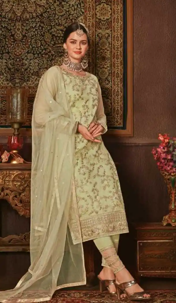 Attractive Mint Green Color Net Straight Cut Casual Wear Salwar Kameez -713088549