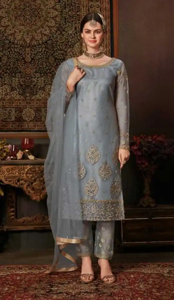 Greyish Blue Color Net Straight Cut Casual Wear Salwar Kameez -713088551