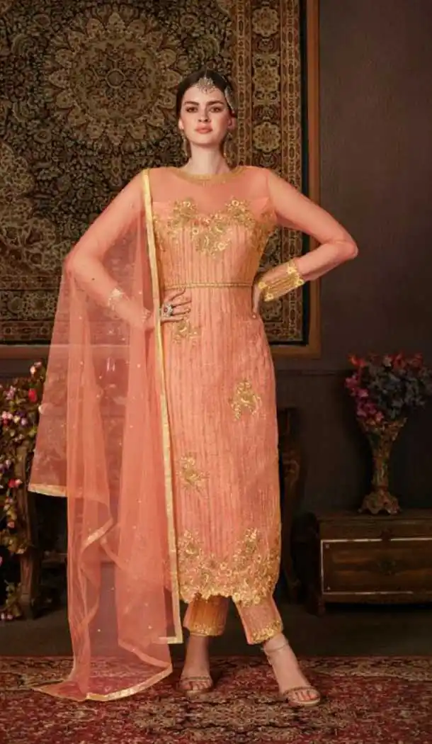 Contemporary Peach Color Net Straight Cut Casual Wear Salwar Kameez -713088552