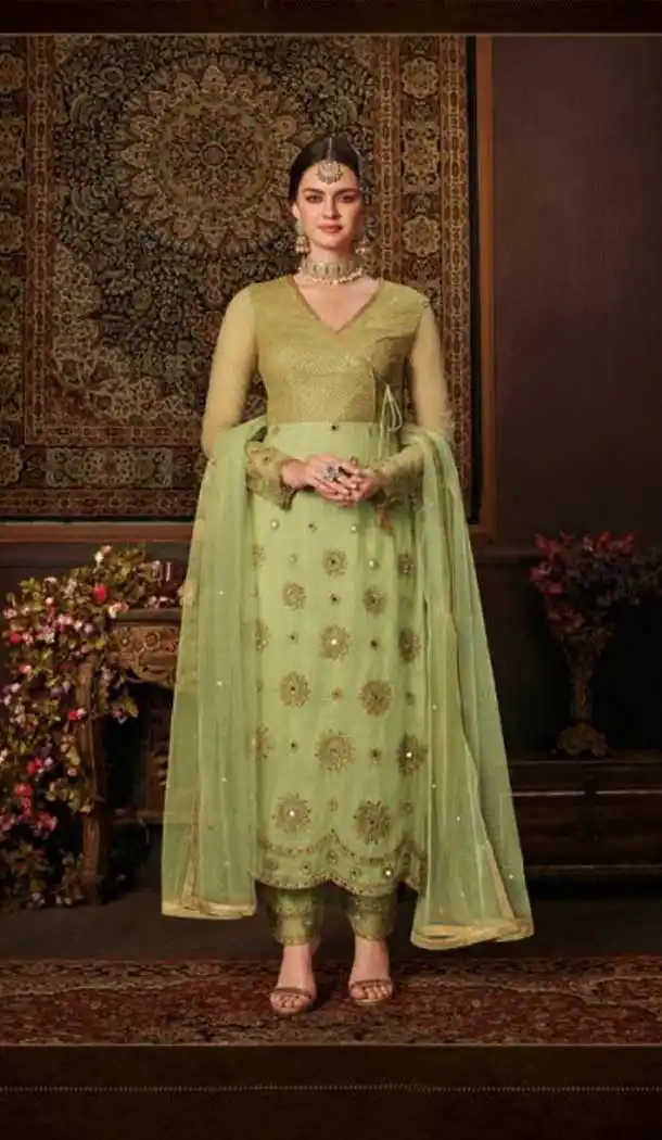 Vivacious Green Color Net Straight Cut Casual Wear Salwar Kameez -713088555