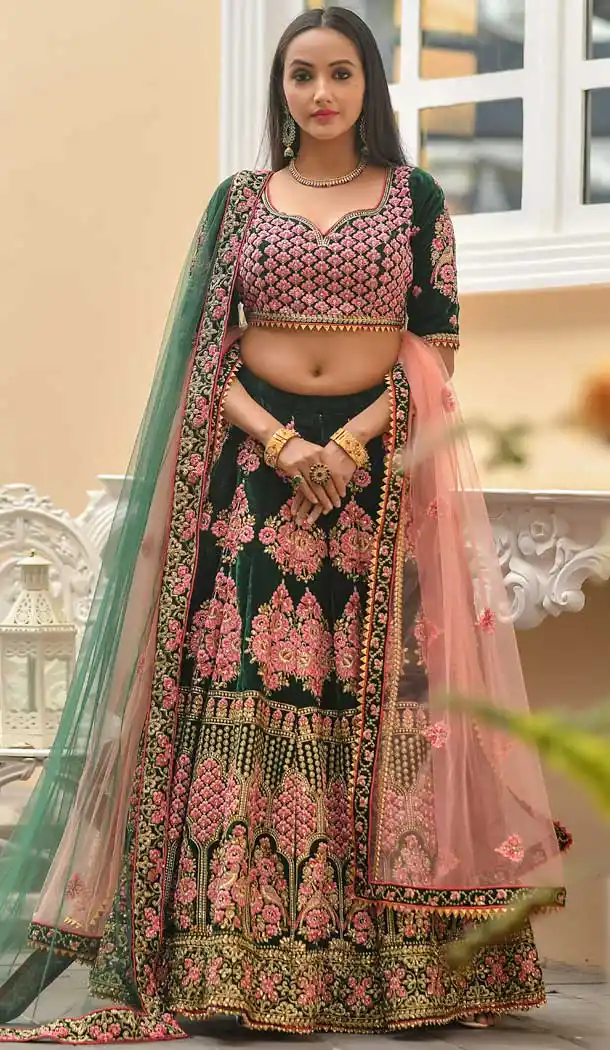 Heavy Green Color Velvet Designer Wedding Wear Lehenga Choli -718689115