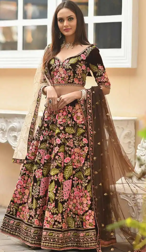 Coffee Color Velvet Designer Wedding Wear Lehenga Choli -718689116