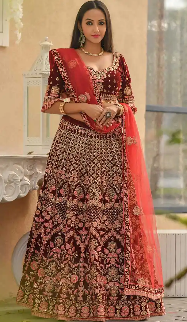 Charming Maroon Color Velvet Designer Wedding Wear Lehenga Choli -718689117